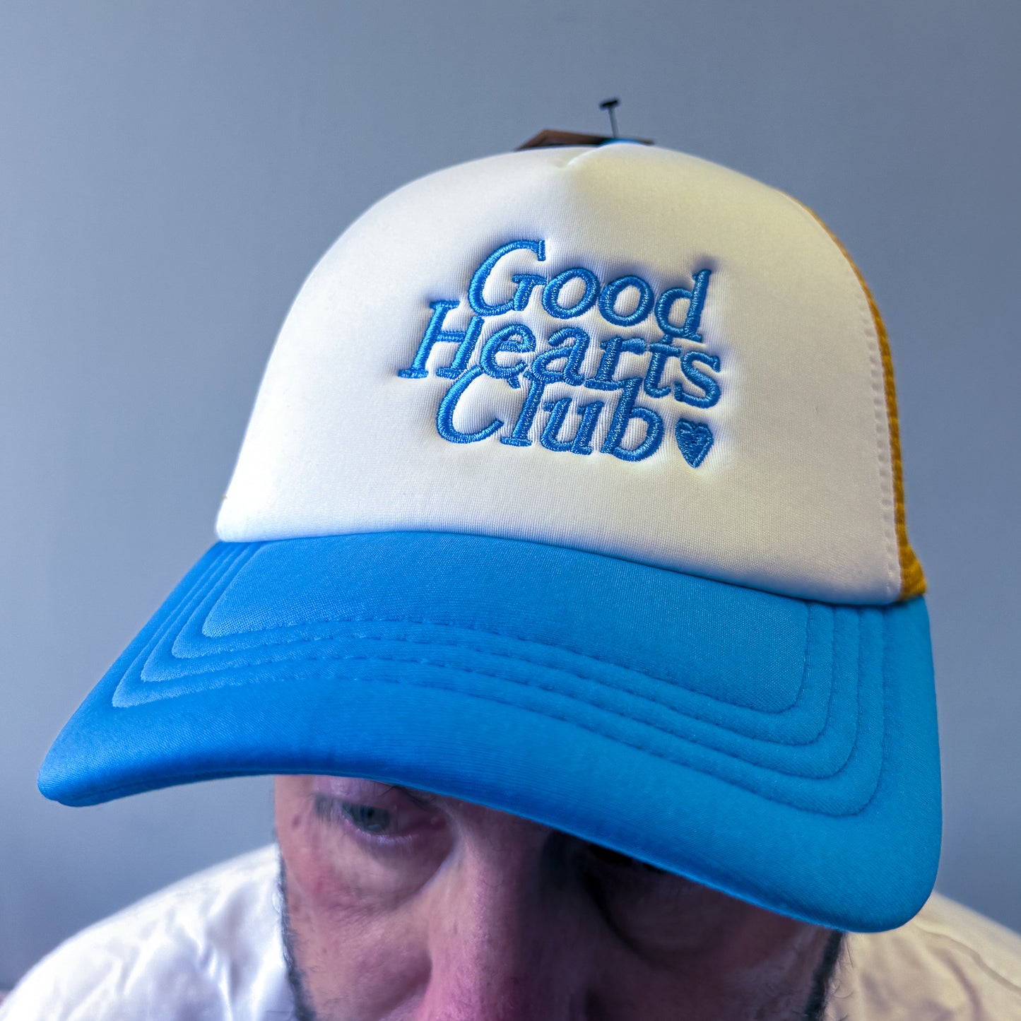Embroidered retro 5 Panel Trucker Cap - Sunflower & Heritage Blue with Blue stiching