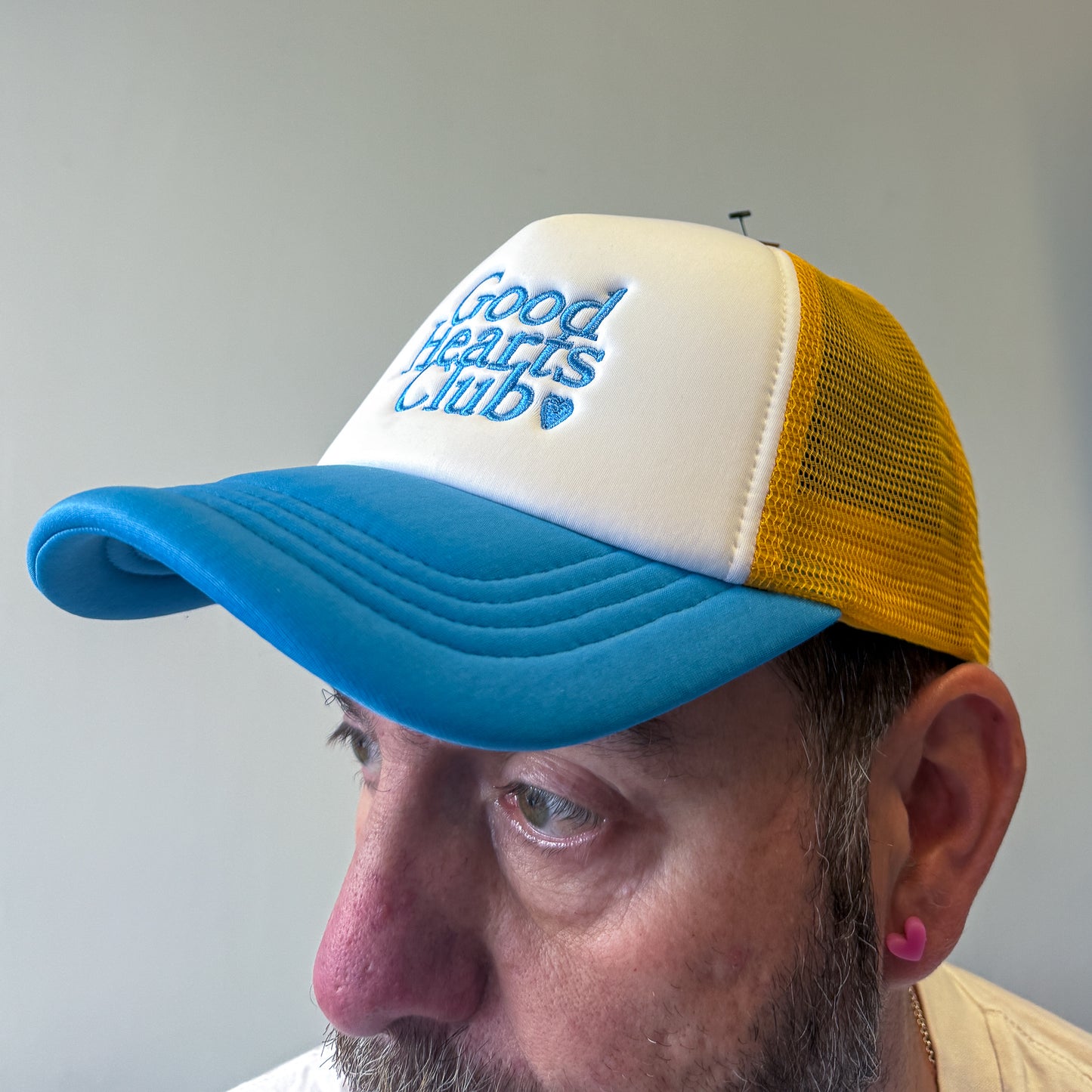 Embroidered retro 5 Panel Trucker Cap - Sunflower & Heritage Blue with Blue stiching