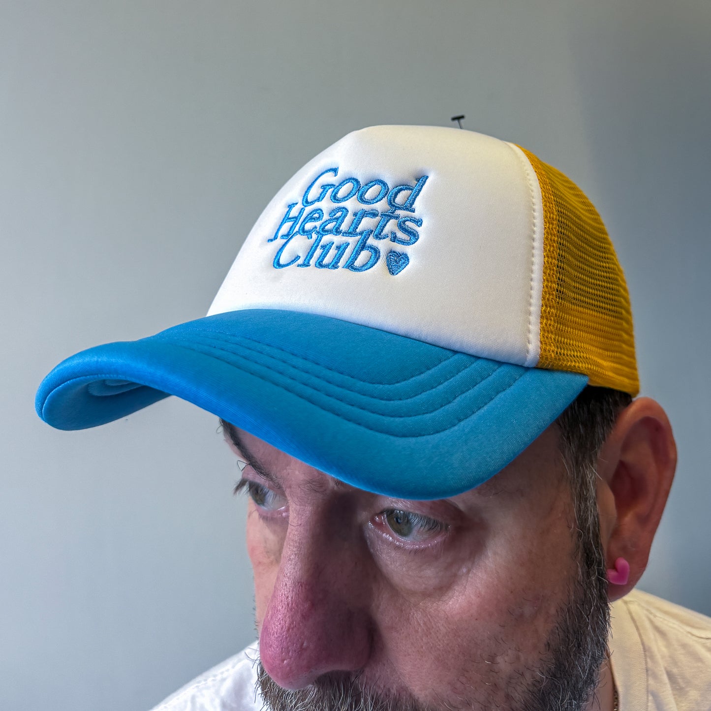 Embroidered retro 5 Panel Trucker Cap - Sunflower & Heritage Blue with Blue stiching