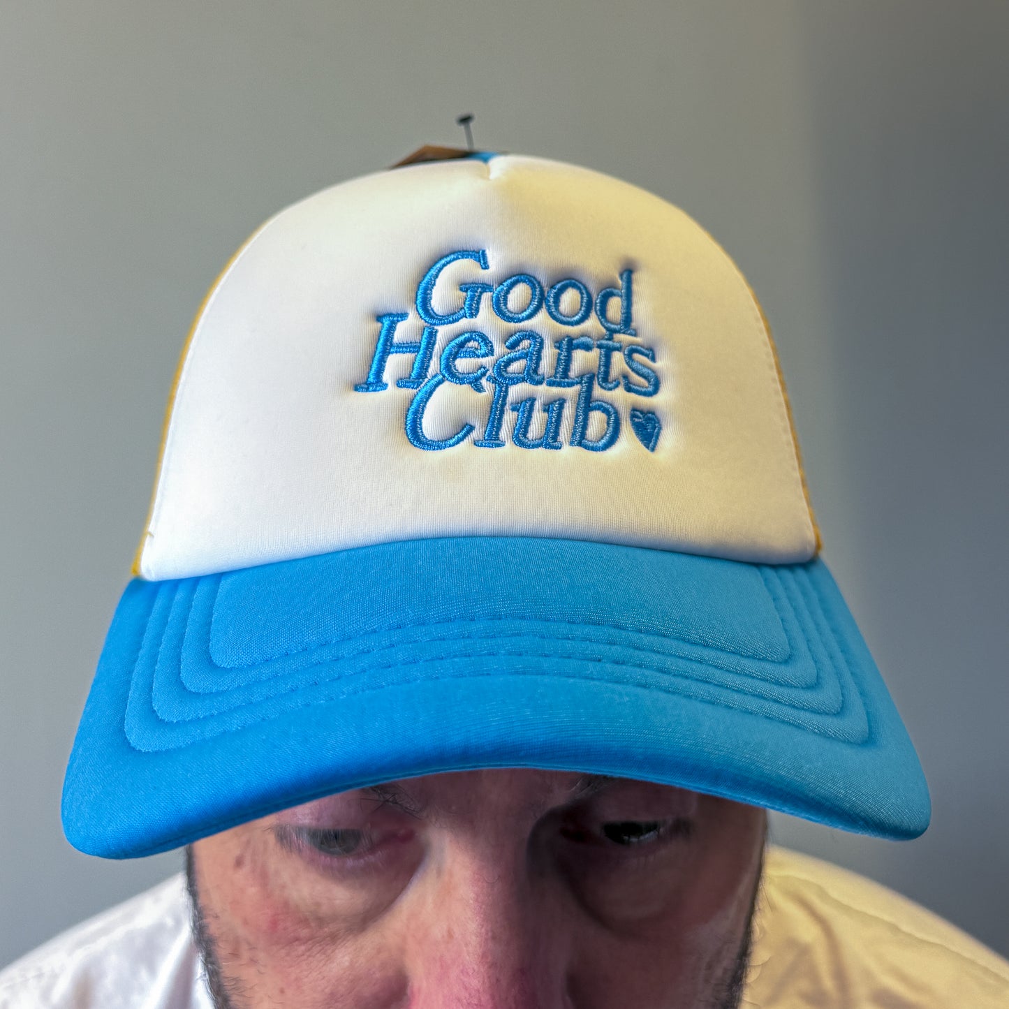 Embroidered retro 5 Panel Trucker Cap - Sunflower & Heritage Blue with Blue stiching