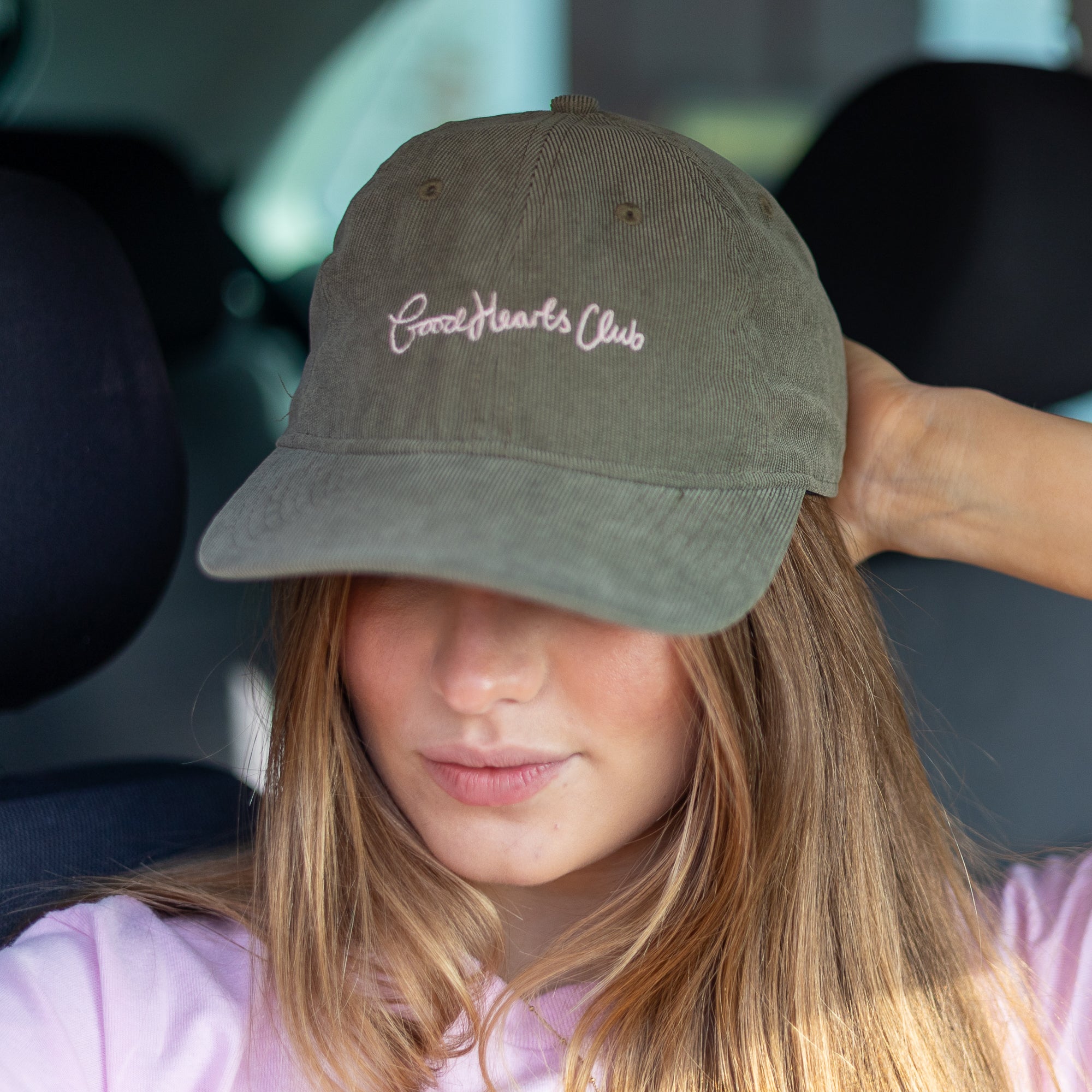 Handwritten Olive Green & Pink Cap