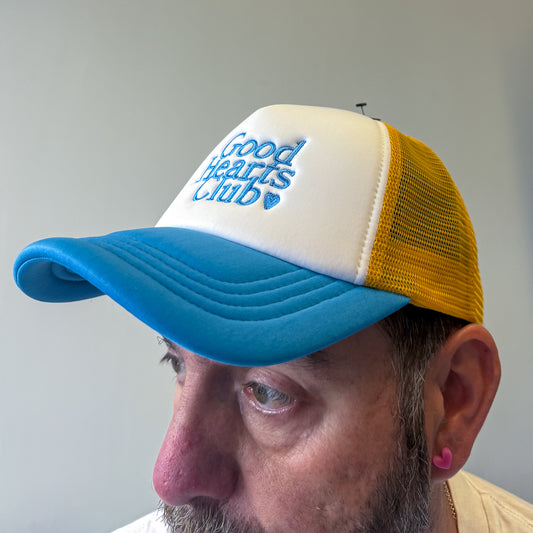 Embroidered retro 5 Panel Trucker Cap - Sunflower & Heritage Blue with Blue stiching