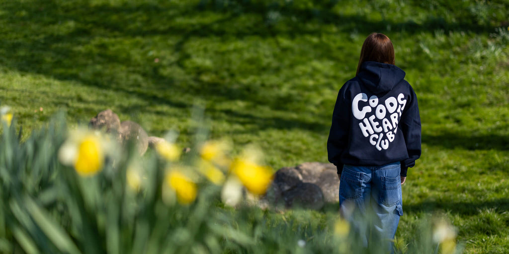 Model wearing hoodie outside